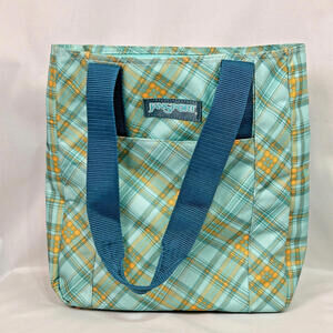 JanSport Plaid Tote Bag Blue Teal Yellow Shoulder Carry Bag